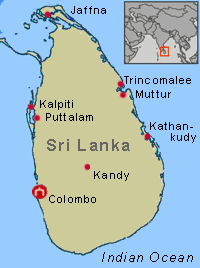 Muslim refugee camps and Tamil Tiger terrorist attacks in Sri Lanka Map